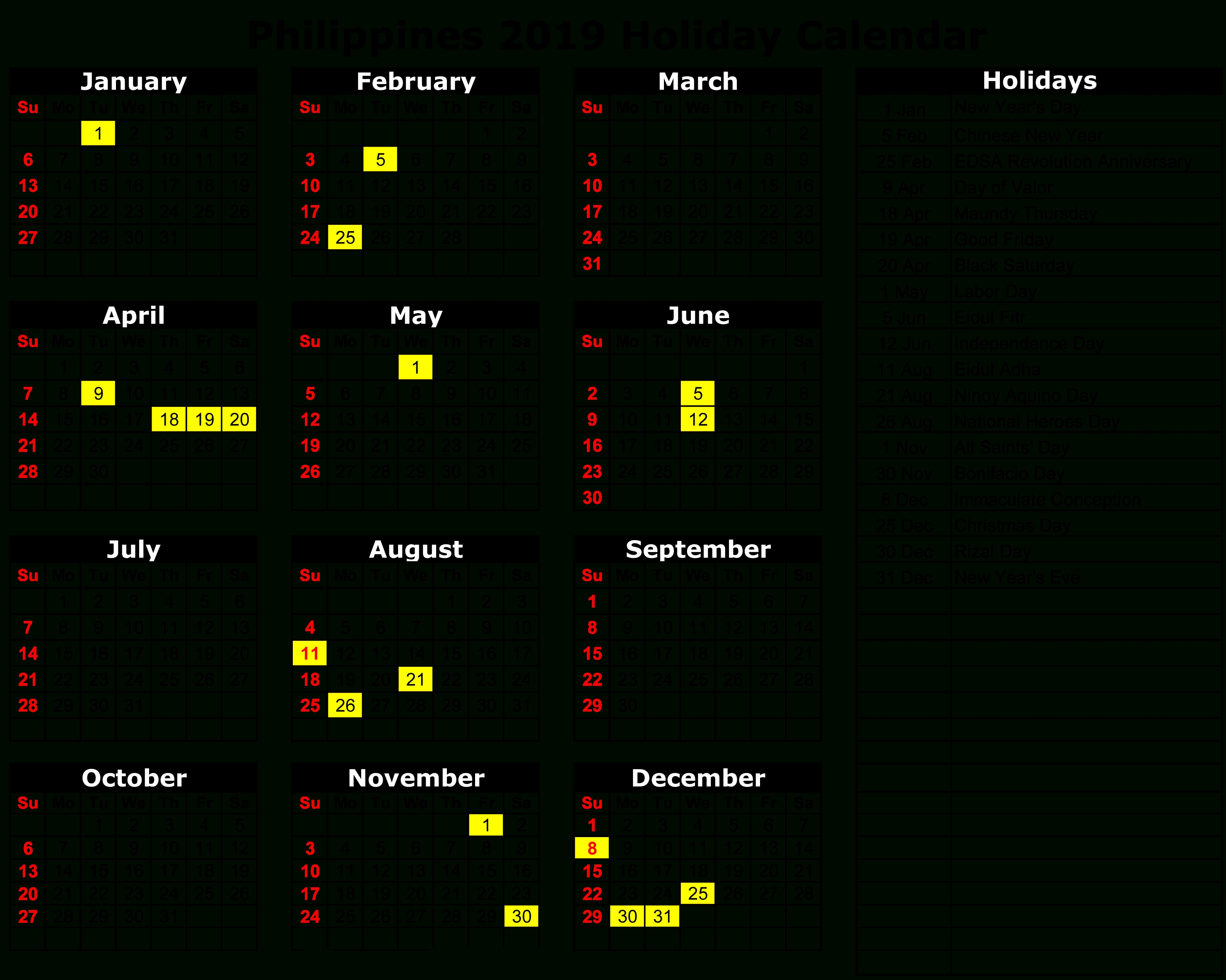 Philippines 2019 Holiday Calendar | Calendar 2019 | Holiday-Holidays In Philippines Printable