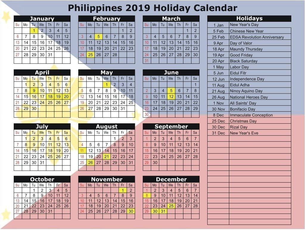 Philippines 2019 Holidays Calendar Printable | 2019-Philippines Holidays 2020 Calendar