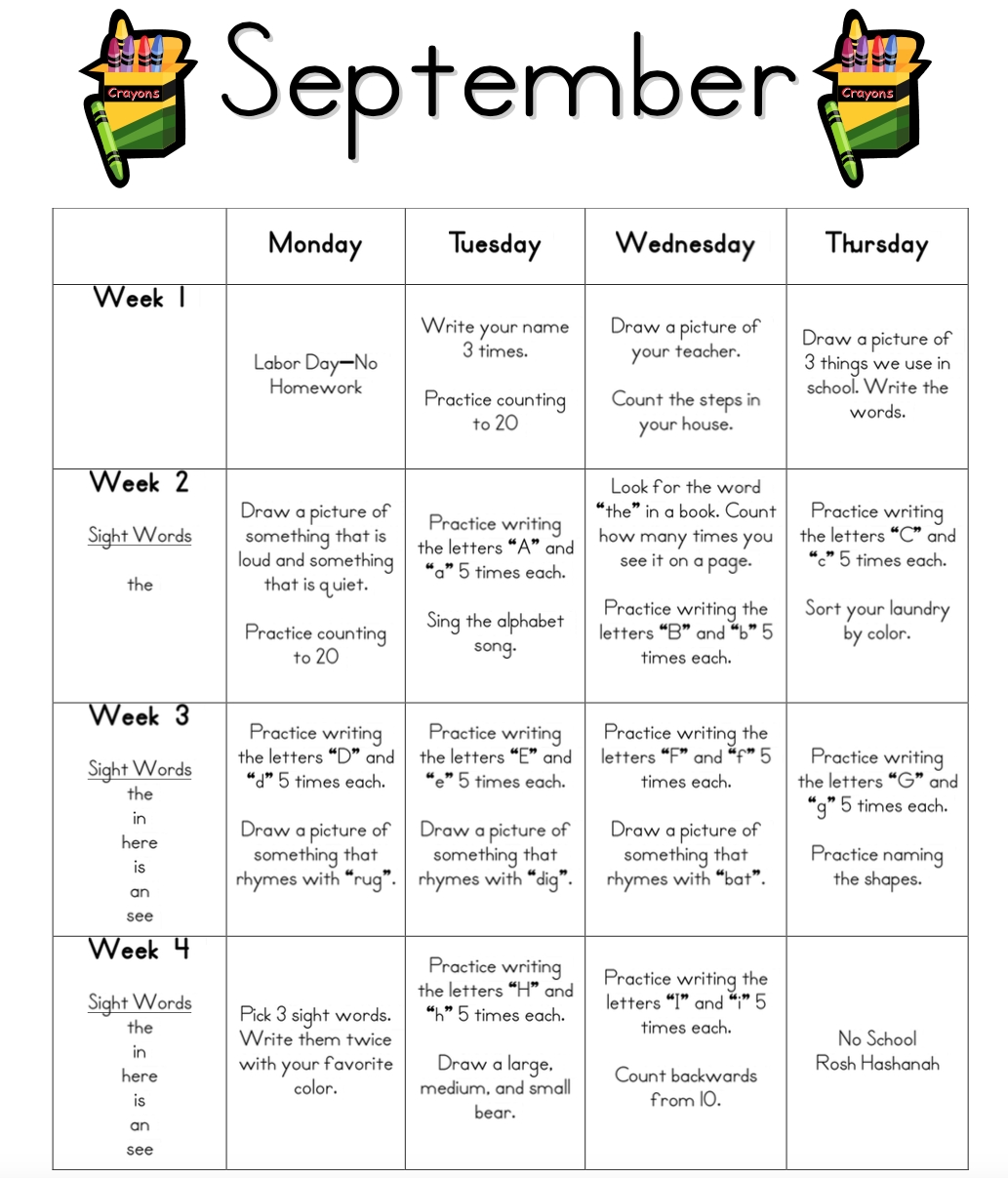 Pin On Kindergarten-Monthly Homework Calendar For Pre-K