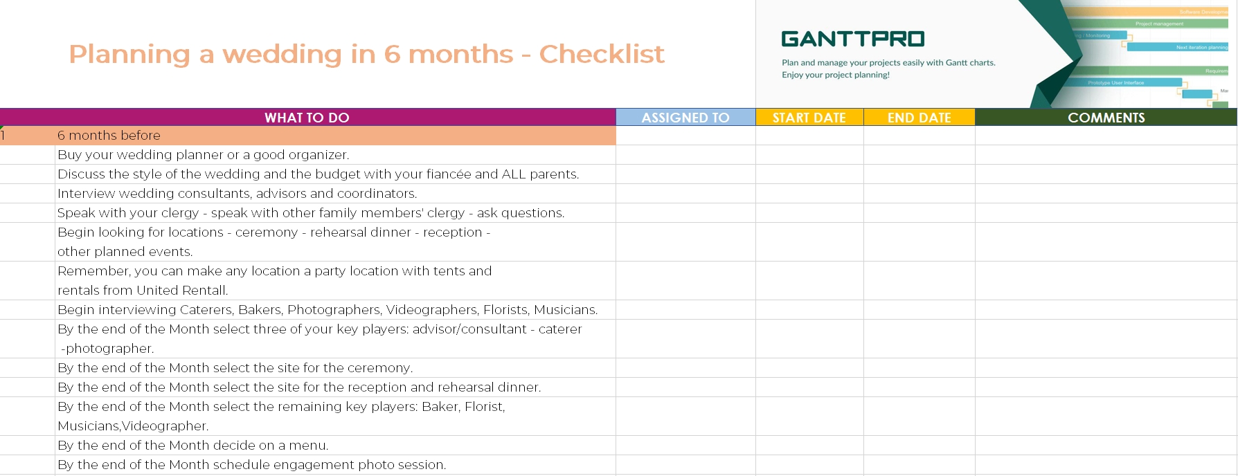 Planning A Wedding In 6 Months Checklist | Excel Template-6 Month Planner Template