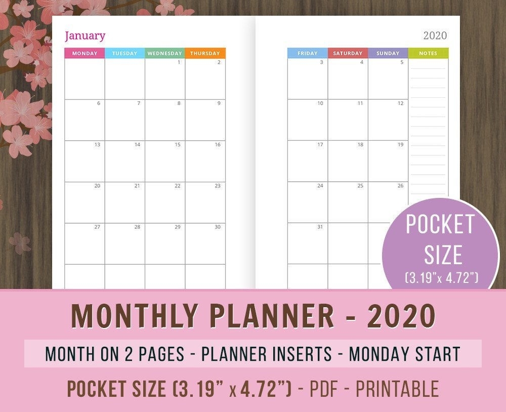 Pocket Size 2020 Monthly Calendar, Month On 2 Pages, Mo2P Inserts, Dated  Monthly Planner 2020, Monday Start, Planner Calendar Refills, Pdf-Monthly Bill Checklist Printable 2020