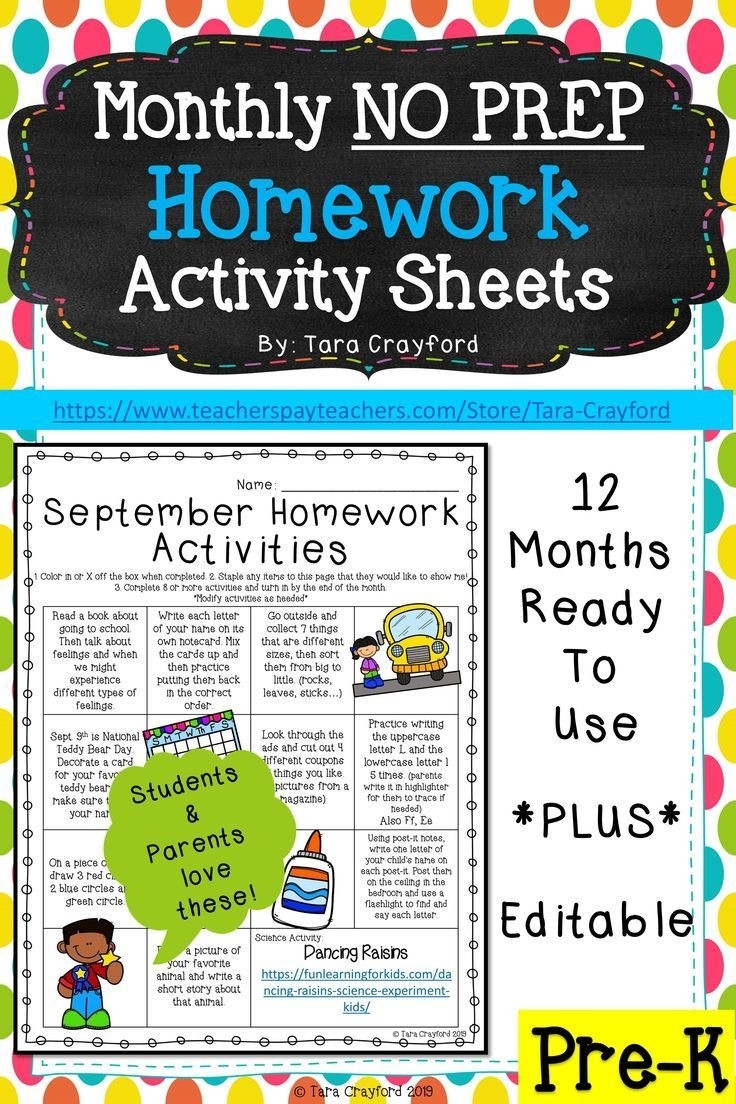 Pre-K Monthly Homework Activity Sheets | Tpt Preschool-Monthly Homework For Pre-K Students