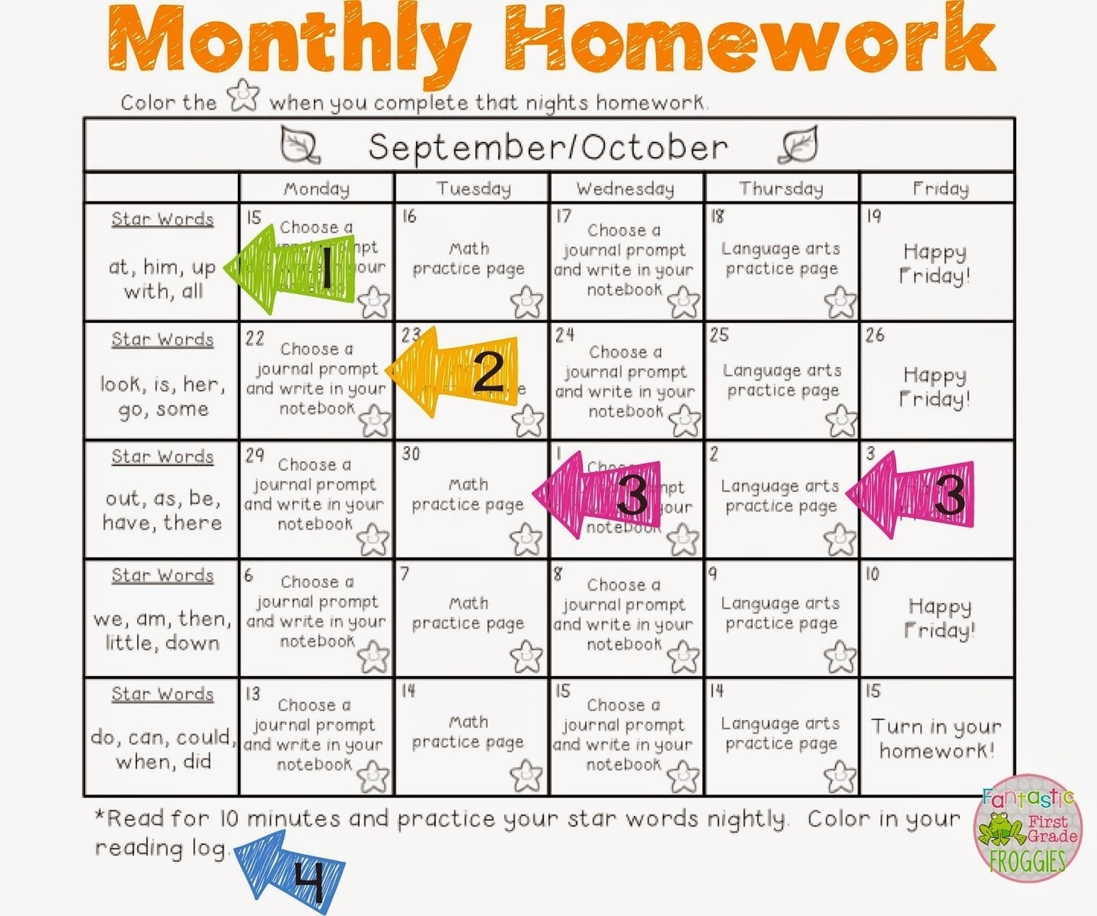 Pre-K Monthly Homework Calendar • Printable Blank Calendar-Monthly Homework Calendar Printable