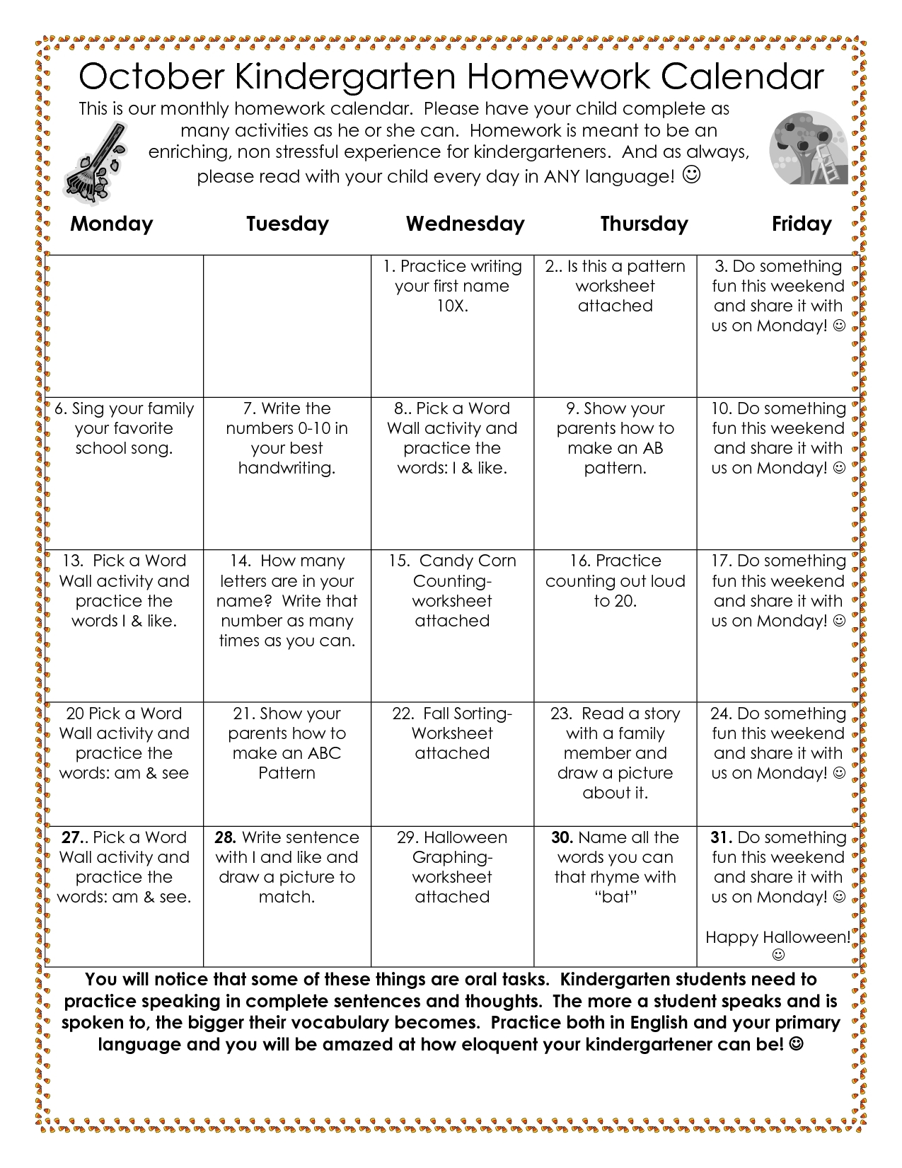 Pre-K Monthly Homework Calendar • Printable Blank Calendar-Monthly Homework For Pre-K Students
