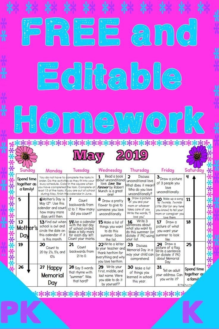 Preschool And Kindergarten Monthly Homework Calendars Are-Monthly Homework Calendar For Pre-K