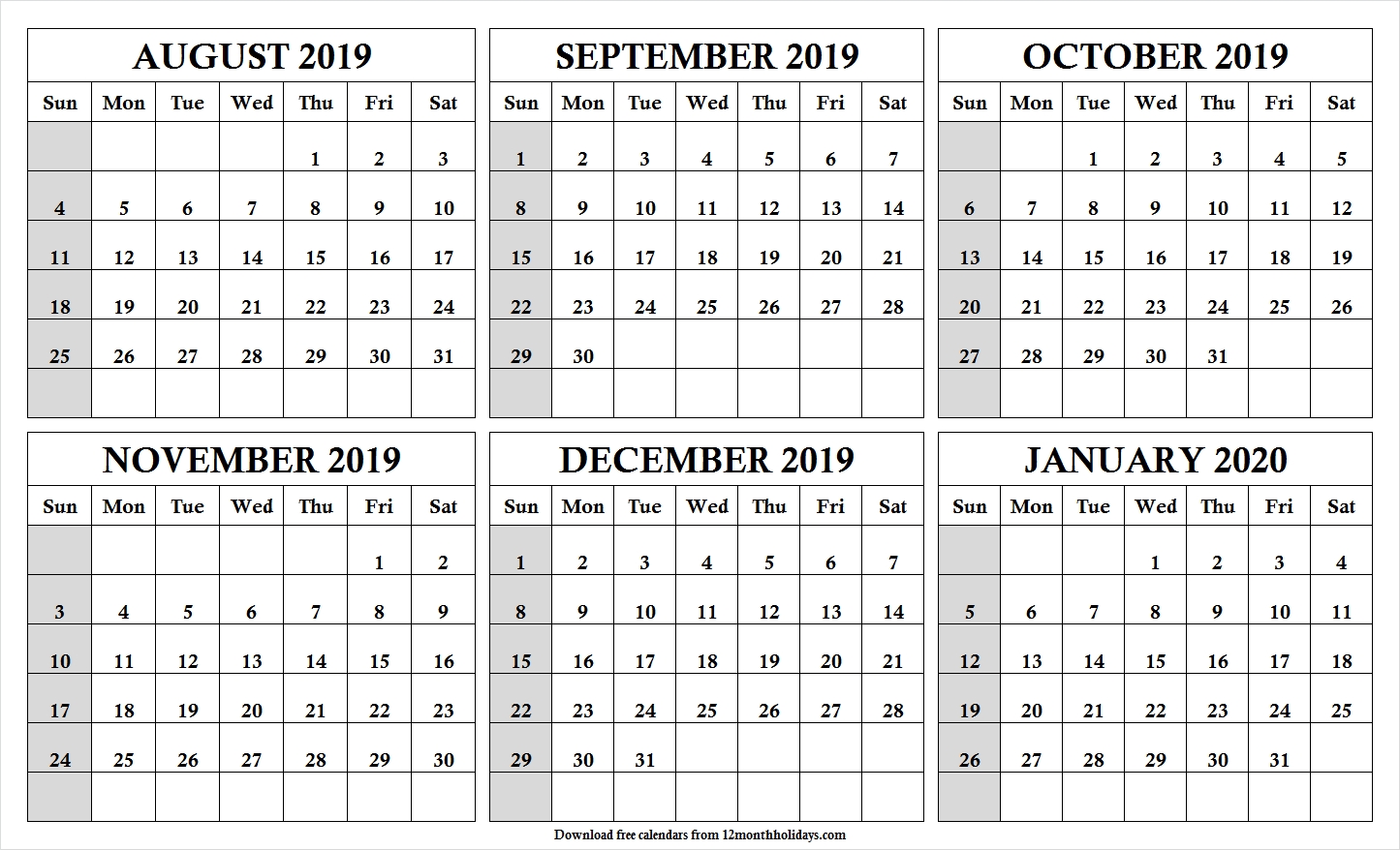 Print Free 6 Month Calendar August 2019 To January 2020 With-2020 Six Month Calendar Template