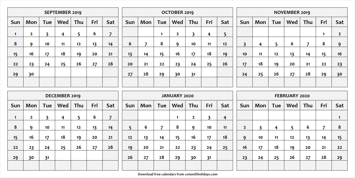 Print Free 6 Month Calendar September To February 2020 With-2020 Six Month Calendar Template