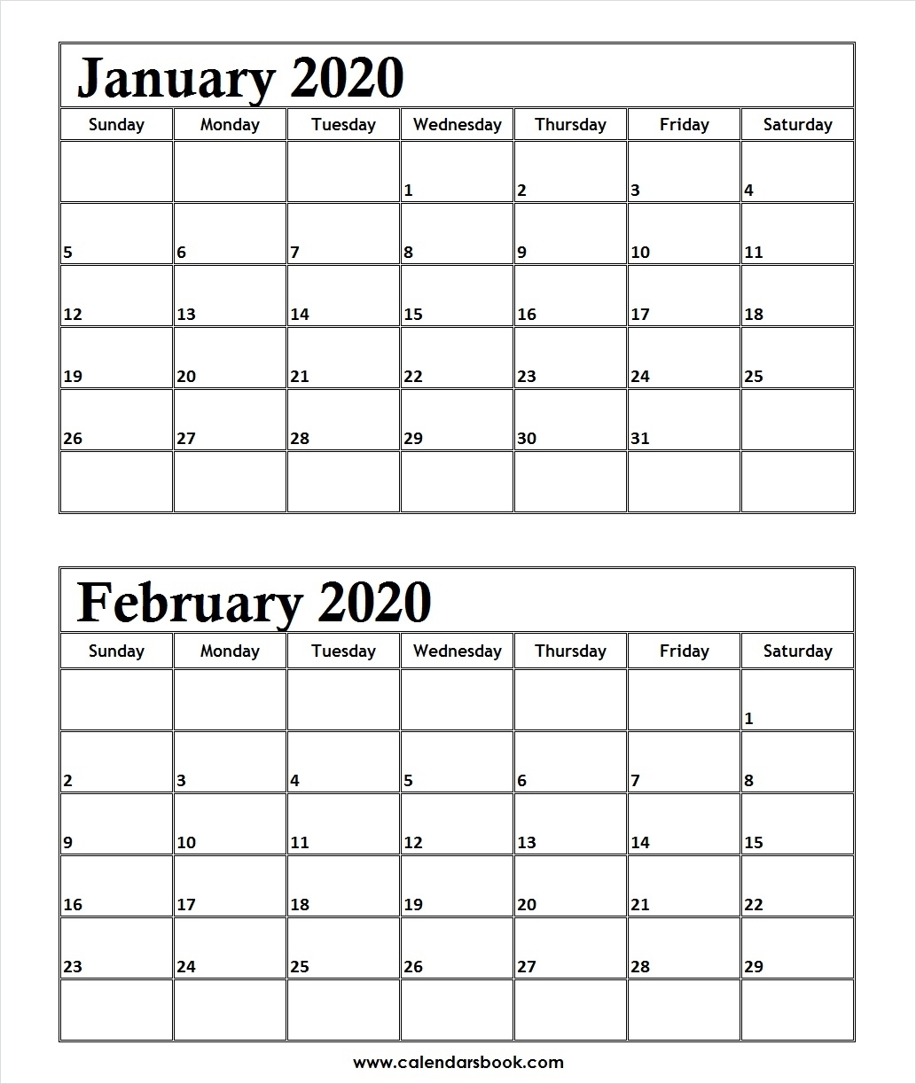 Print January February 2020 Calendar Template | 2 Month Calendar-2020 Calendar January And February