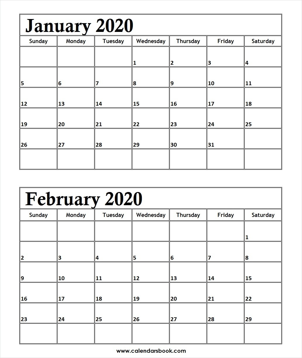 Print January February 2020 Calendar Template | 2 Month Calendar-January And Feb 2020 Calendar