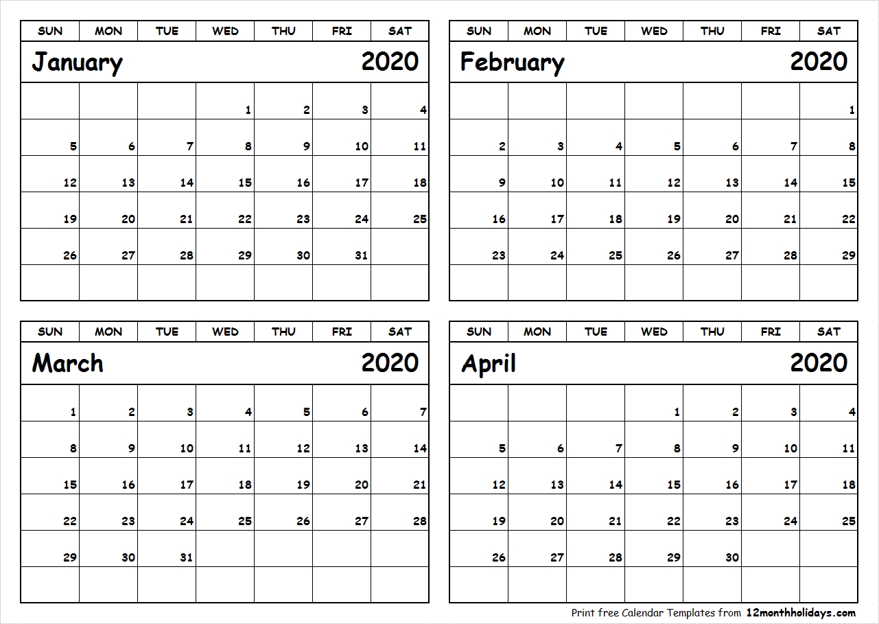 Print January To April 2020 Calendar Template | 4 Month Calendar-January To April 2020 Calendar