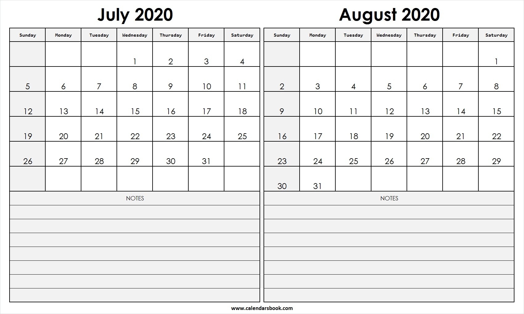 Print July August 2020 Calendar Template | 2 Month Calendar-Blank July And August Calendar 2020