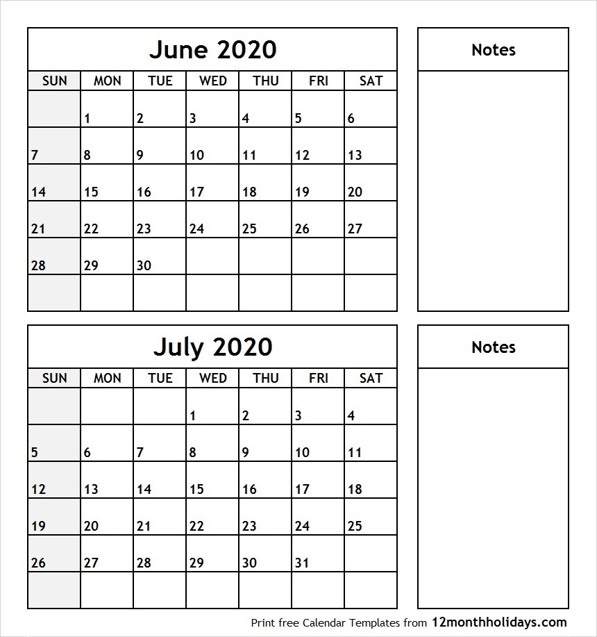 Print June July 2020 Calendar Template | 2 Month Calendar-Monthly Calendar Of June And July 2020