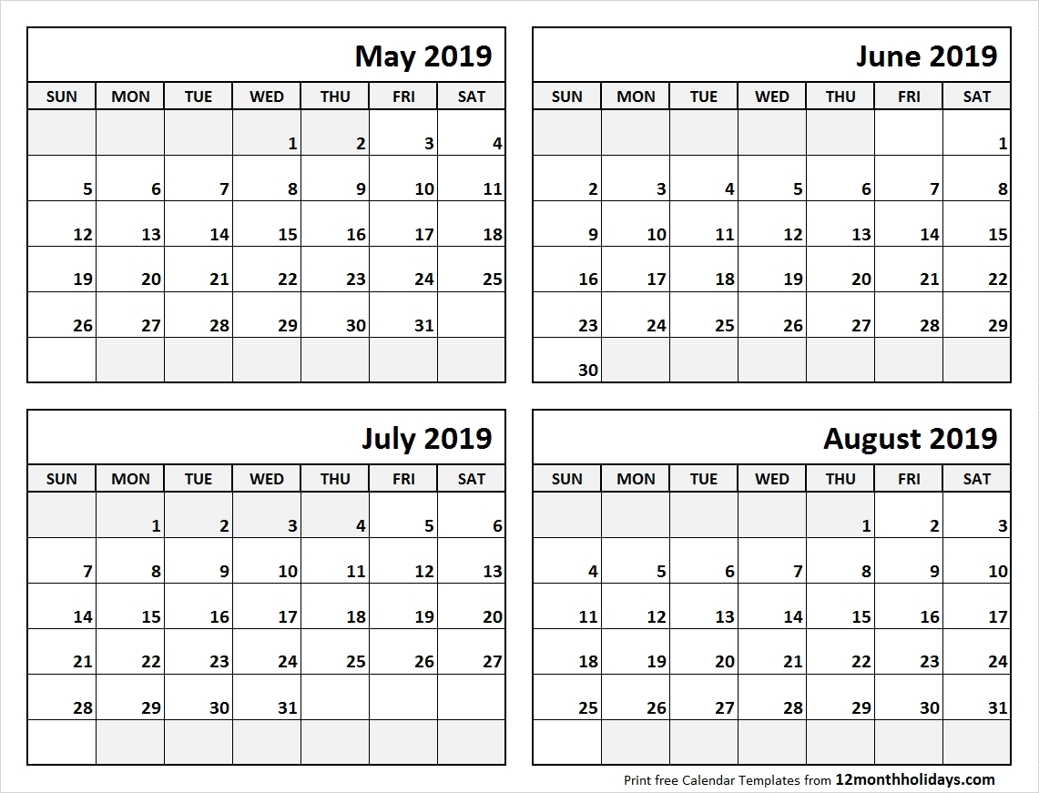 Print May To August 2019 Calendar Template | 4 Month-4 Monthly Calendar Template