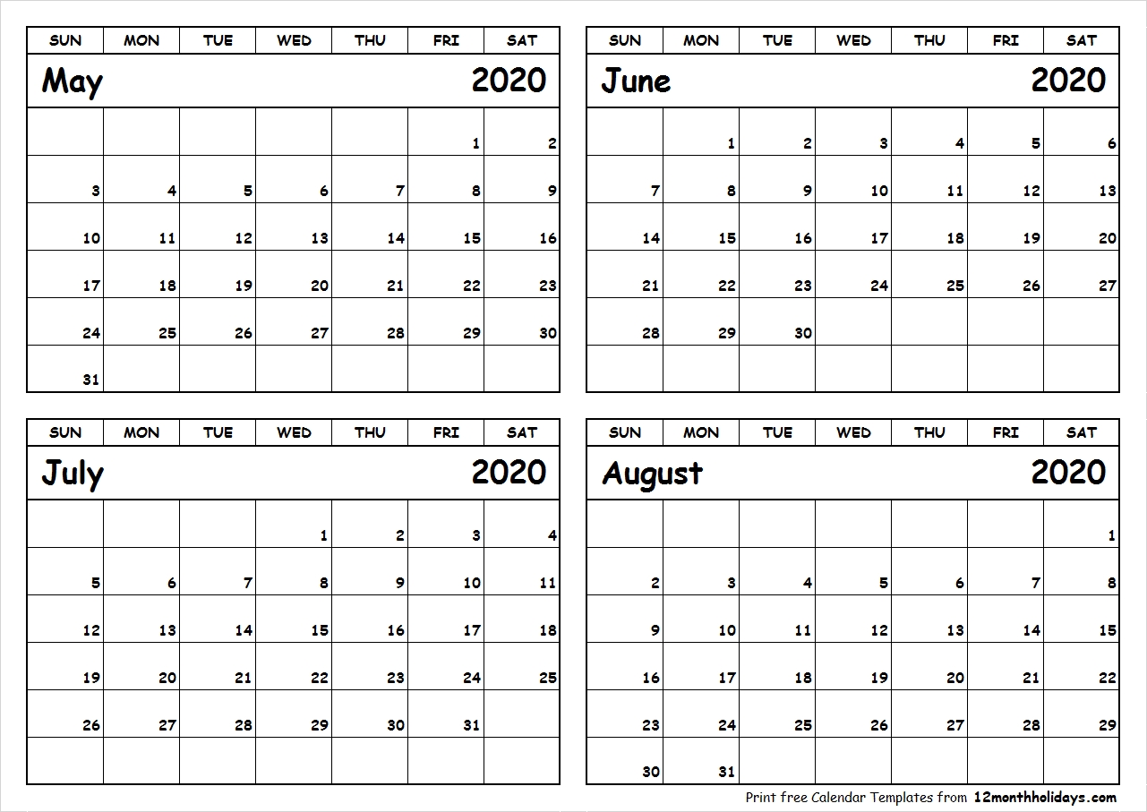 Print May To August 2020 Calendar Template | 4 Month Calendar-2020 Calendar 4 Month Template