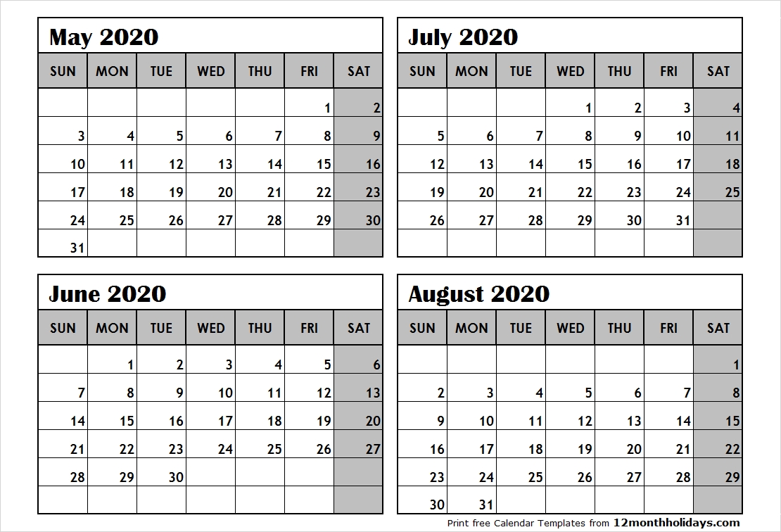 Print May To August 2020 Calendar Template | 4 Month Calendar-2020 Calendar 4 Month Template