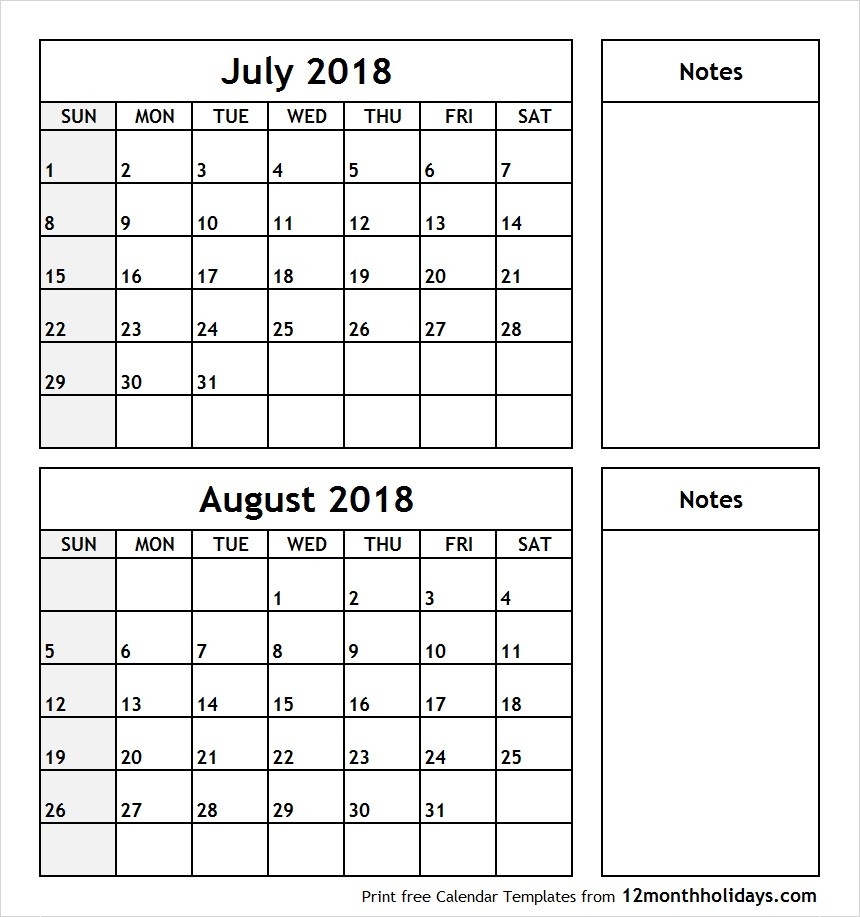 Printable 2 Month Calendar July August 2018 | Printable-2 Month Calendar Template Printable
