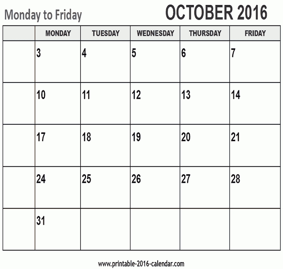 Printable 2016 Calendar Without Weekends | Calendar Template-Calendar Template No Weekends