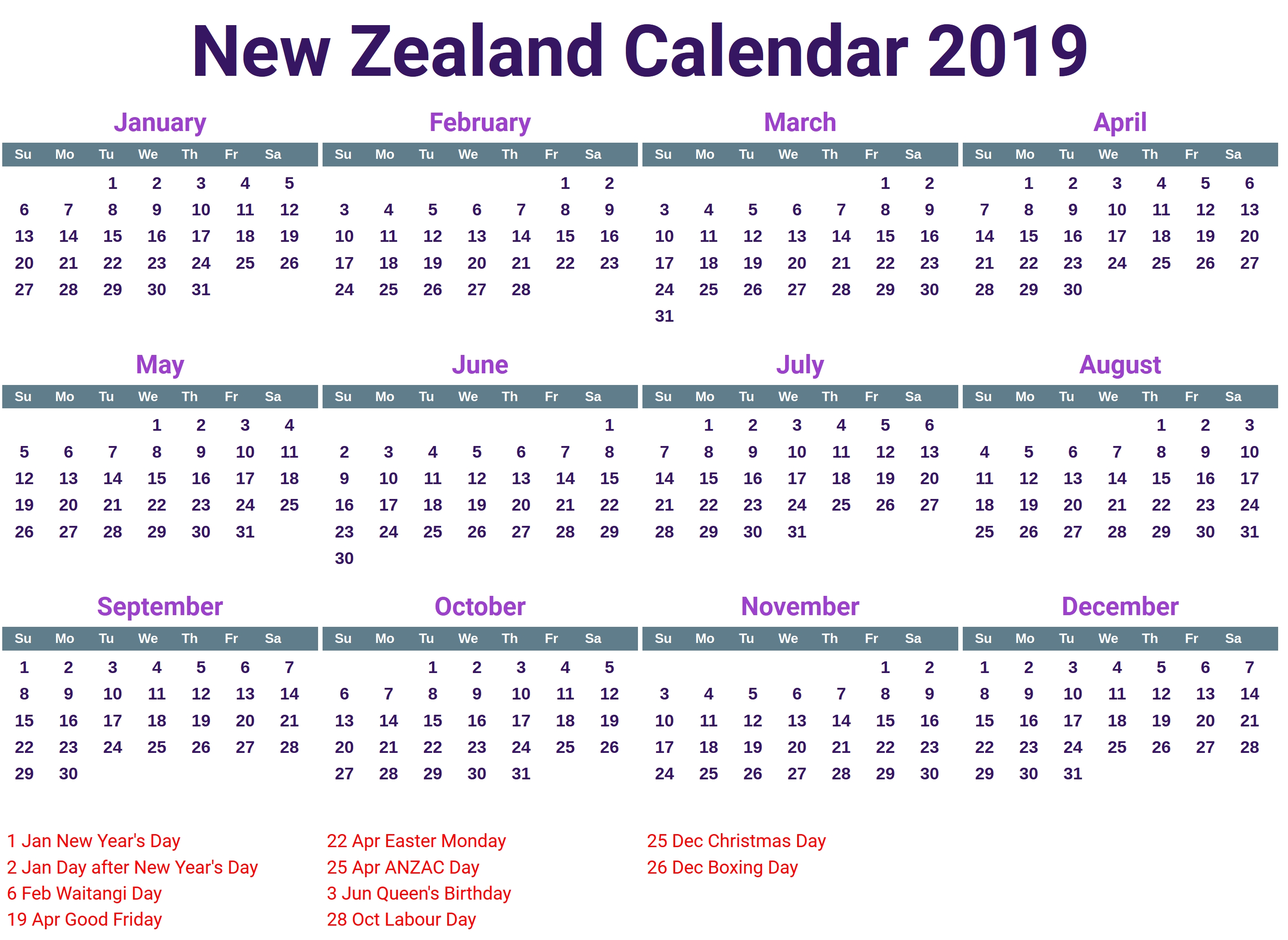 Printable 2019 Calendar New Zealand | Printable Calendar 2019-Six Monthly New Zealand Calendars