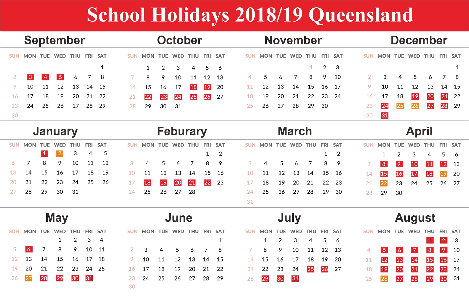 2020 Qld School Holidays Printable Calendar Template Printable