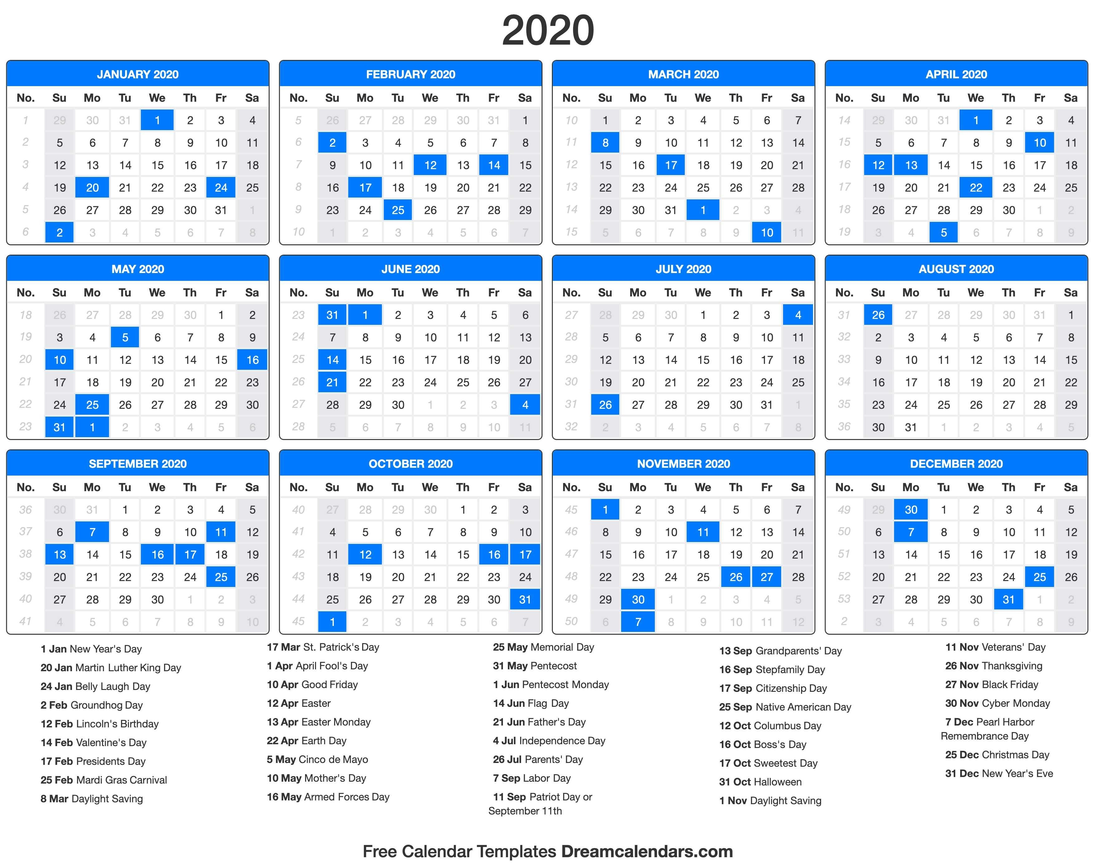 Printable 2020 Calendar - Dream Calendars-2020 Calendar Photo Holidays