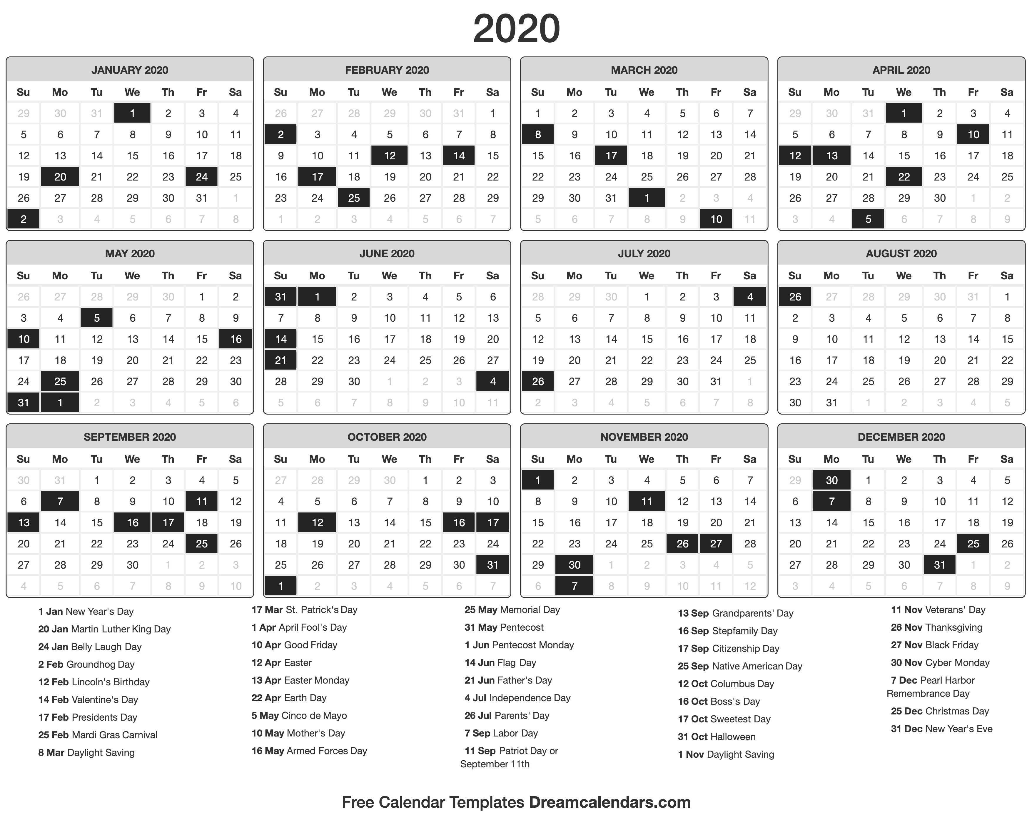 Printable 2020 Calendar - Dream Calendars-Calendar 2020 Printable Holidays Special