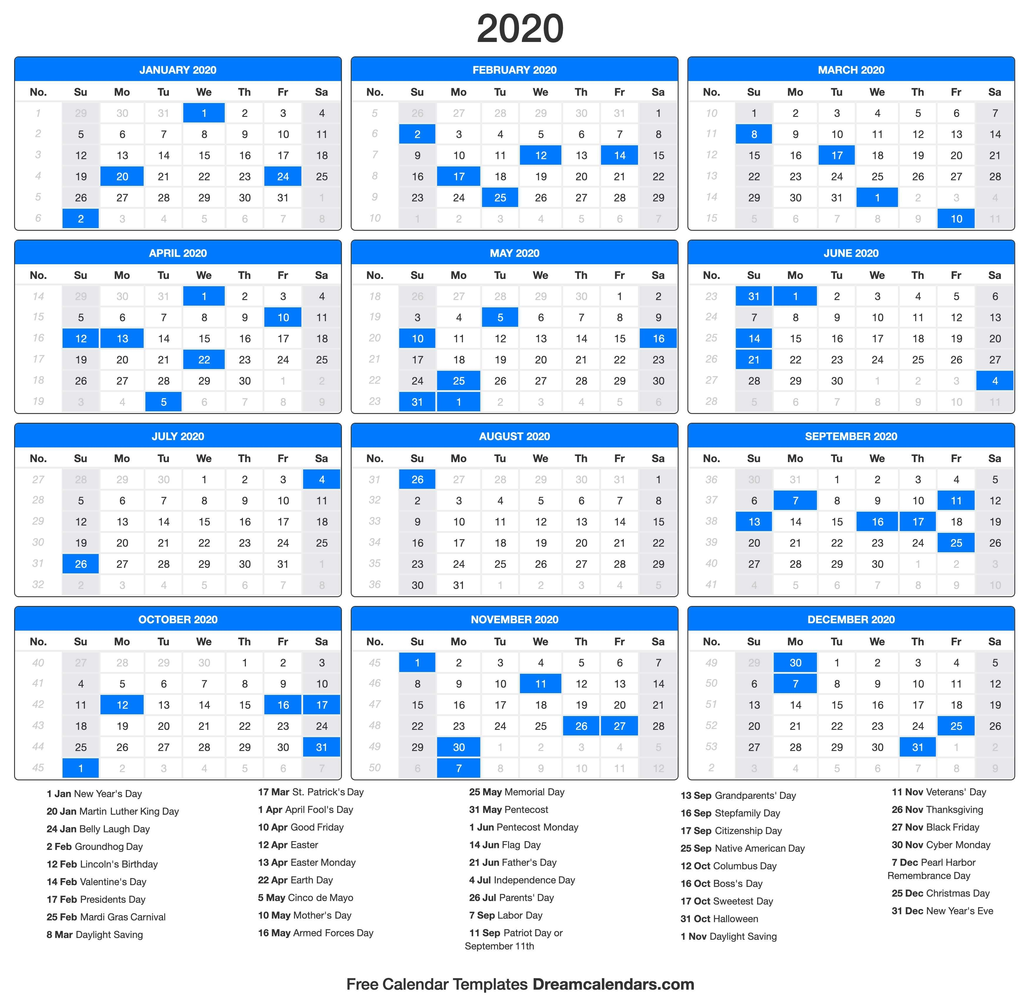 Printable 2020 Calendar - Dream Calendars-January 2020 Calendar Ireland