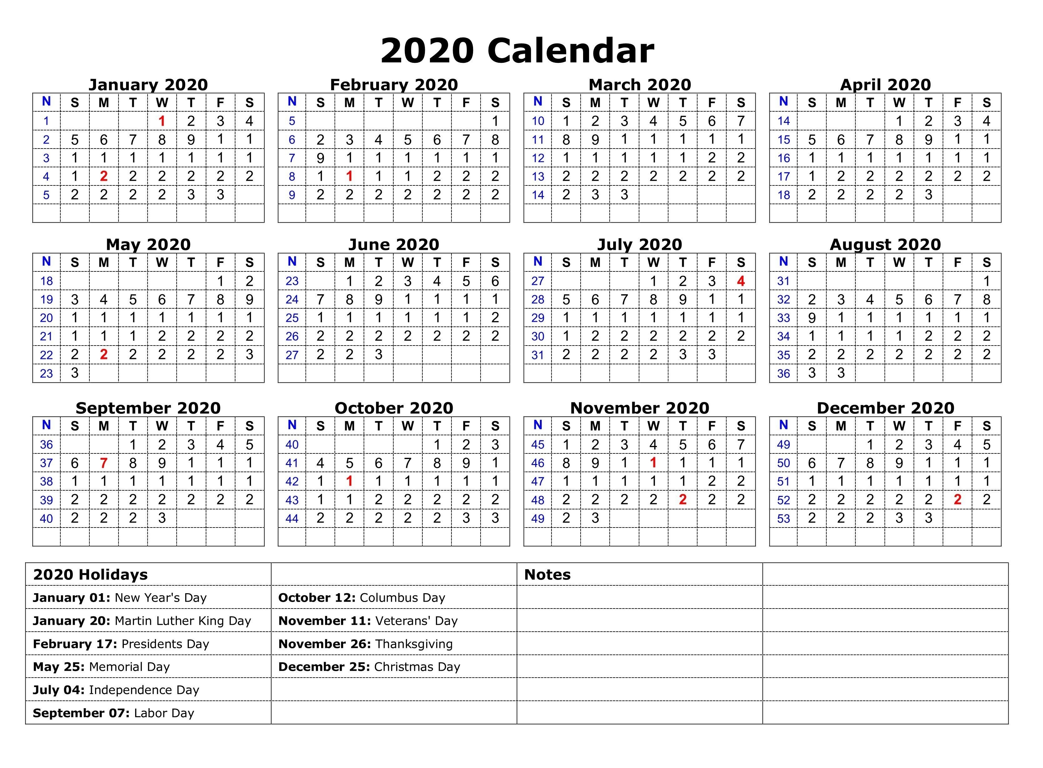 Printable 2020 One Page Holidays Calendar | 2020 Calendars-Calendar 2020 Printable Holidays Special