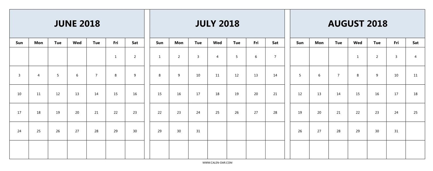 Printable 3 Month Calendar 2018 June July August | Printable-Monthly Calender June July August
