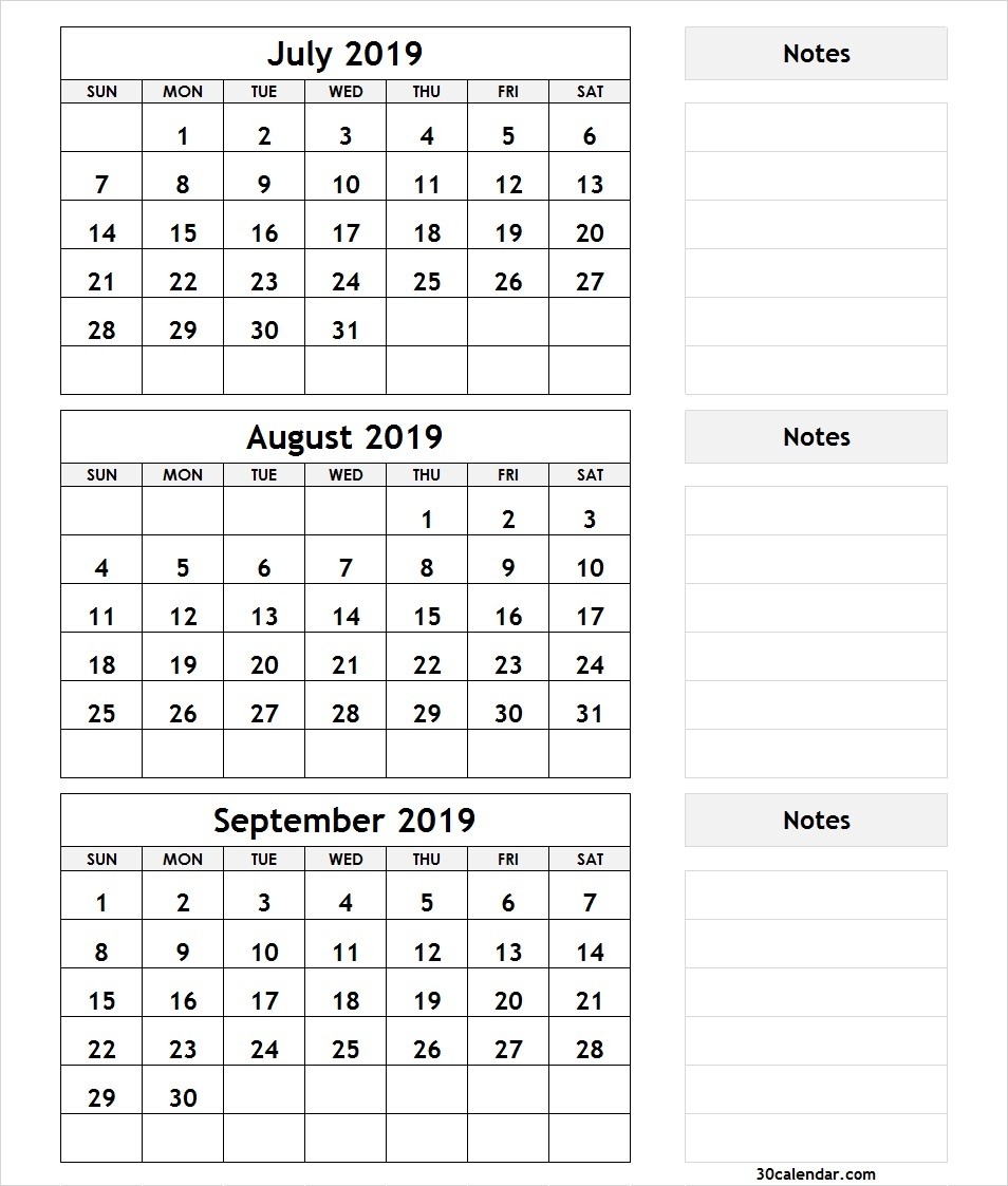 Printable 3 Month Calendar July August September 2018-3 Month Blank Calendar Template