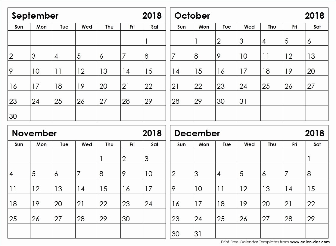 Printable 4 Month Calendar September To December 2018-4 Monthly Calendar Template
