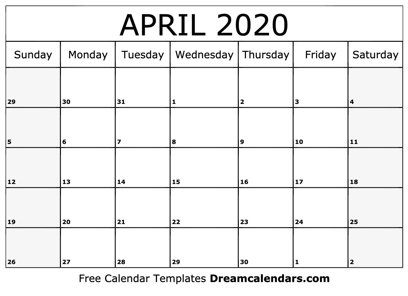 Printable April 2020 Calendar-Blank Calendar Worksheet For April 2020