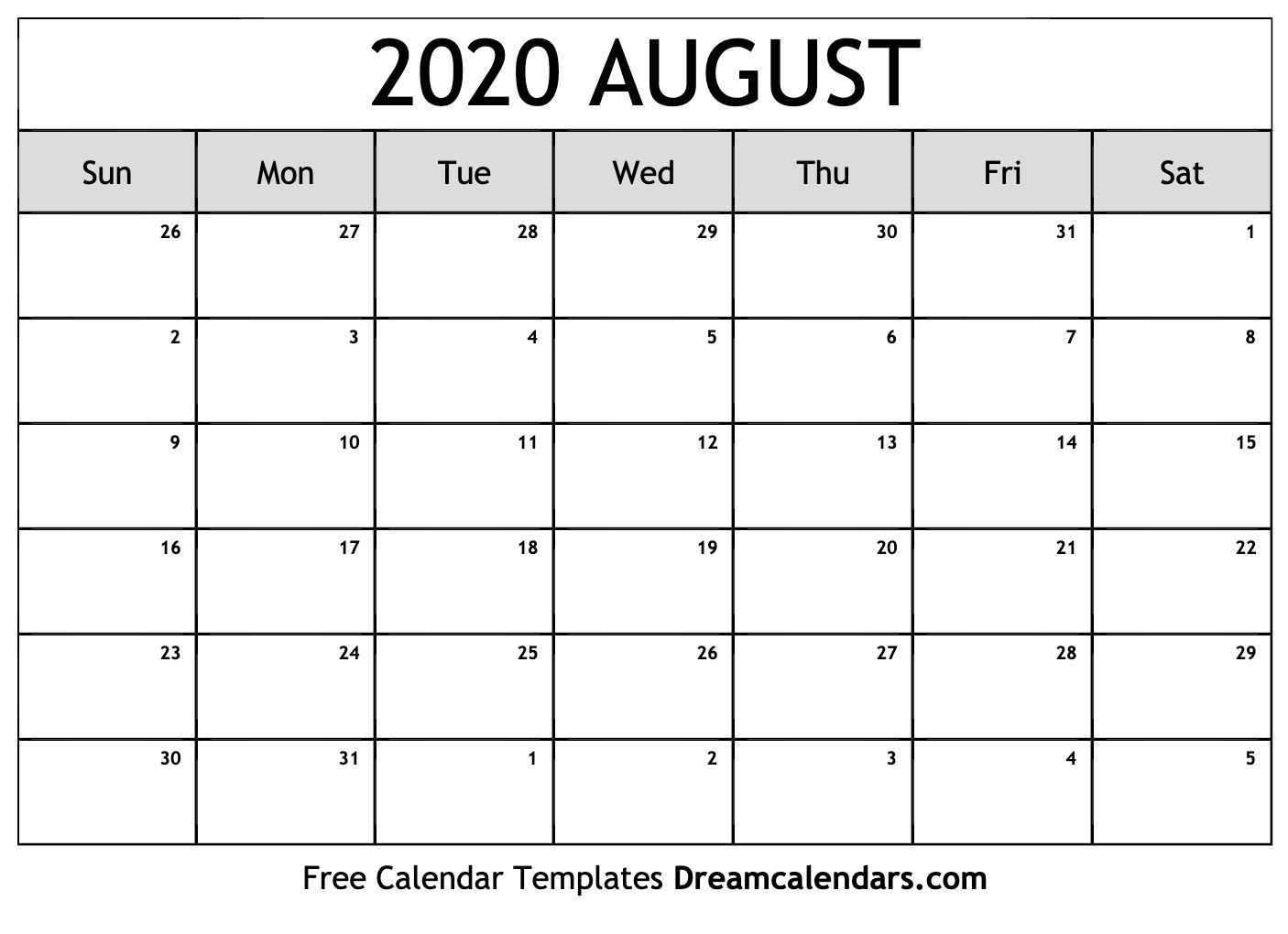 Printable August 2020 Calendar-Aug Monthly Calendar 2020