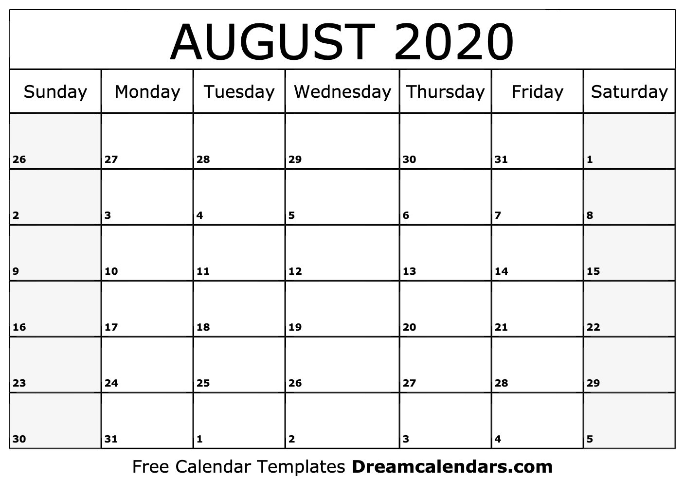 Printable August 2020 Calendar-Aug Monthly Calendar 2020