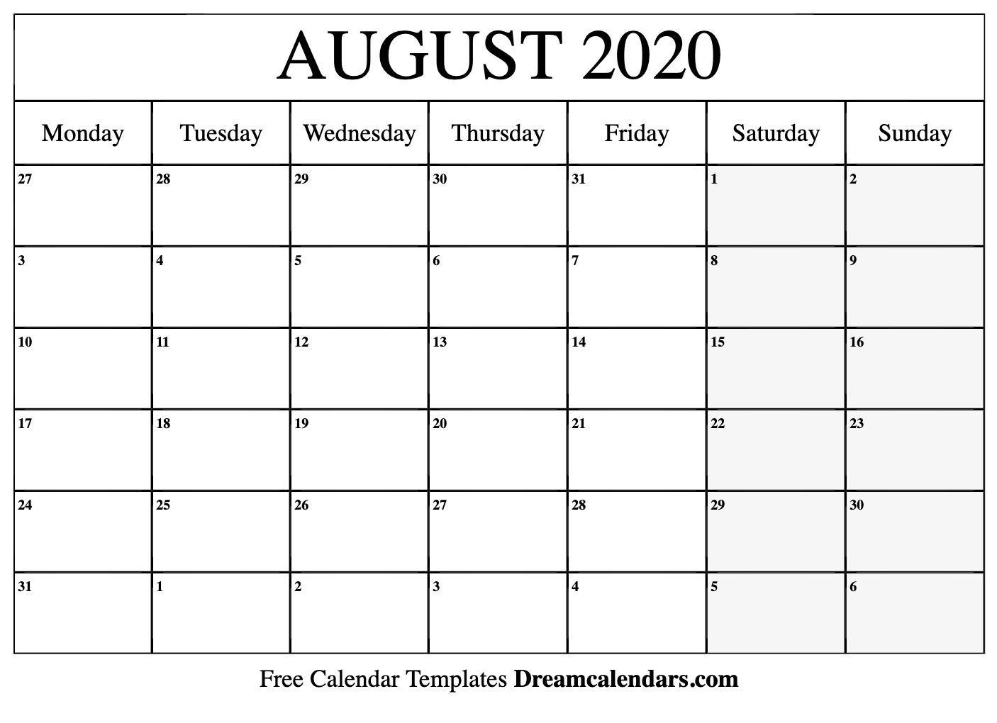 Printable August 2020 Calendar-Aug Monthly Calendar 2020