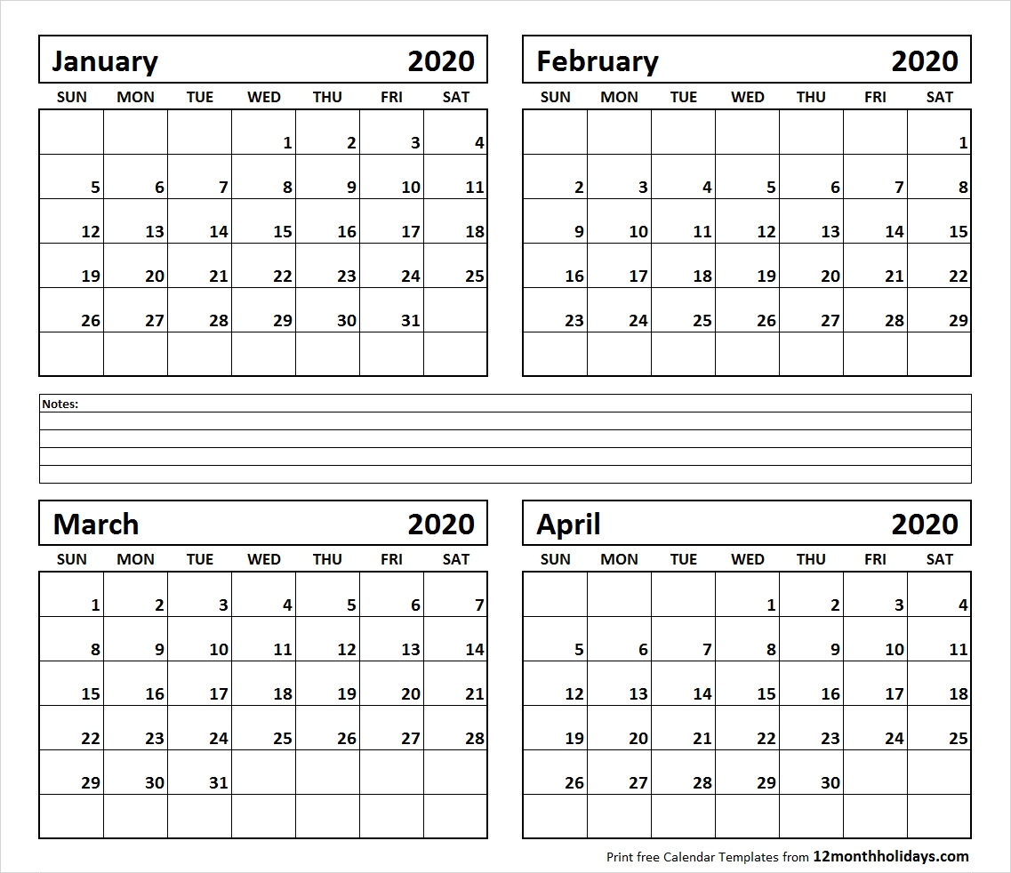 Printable Blank Four Month January February March April 2020-January To April 2020 Calendar