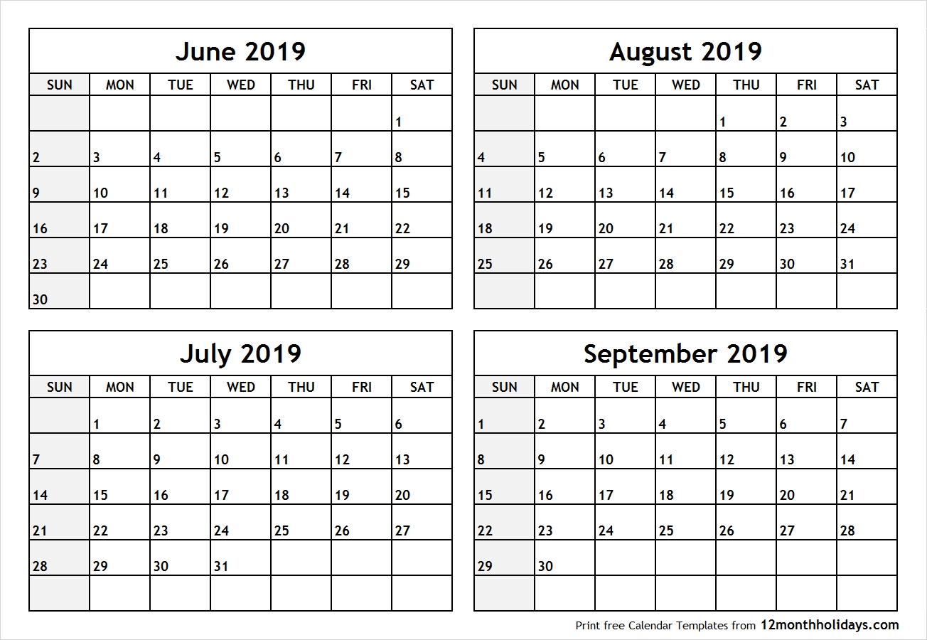 Printable Blank Four Month June July August September 2019-Blank June July August Calendar