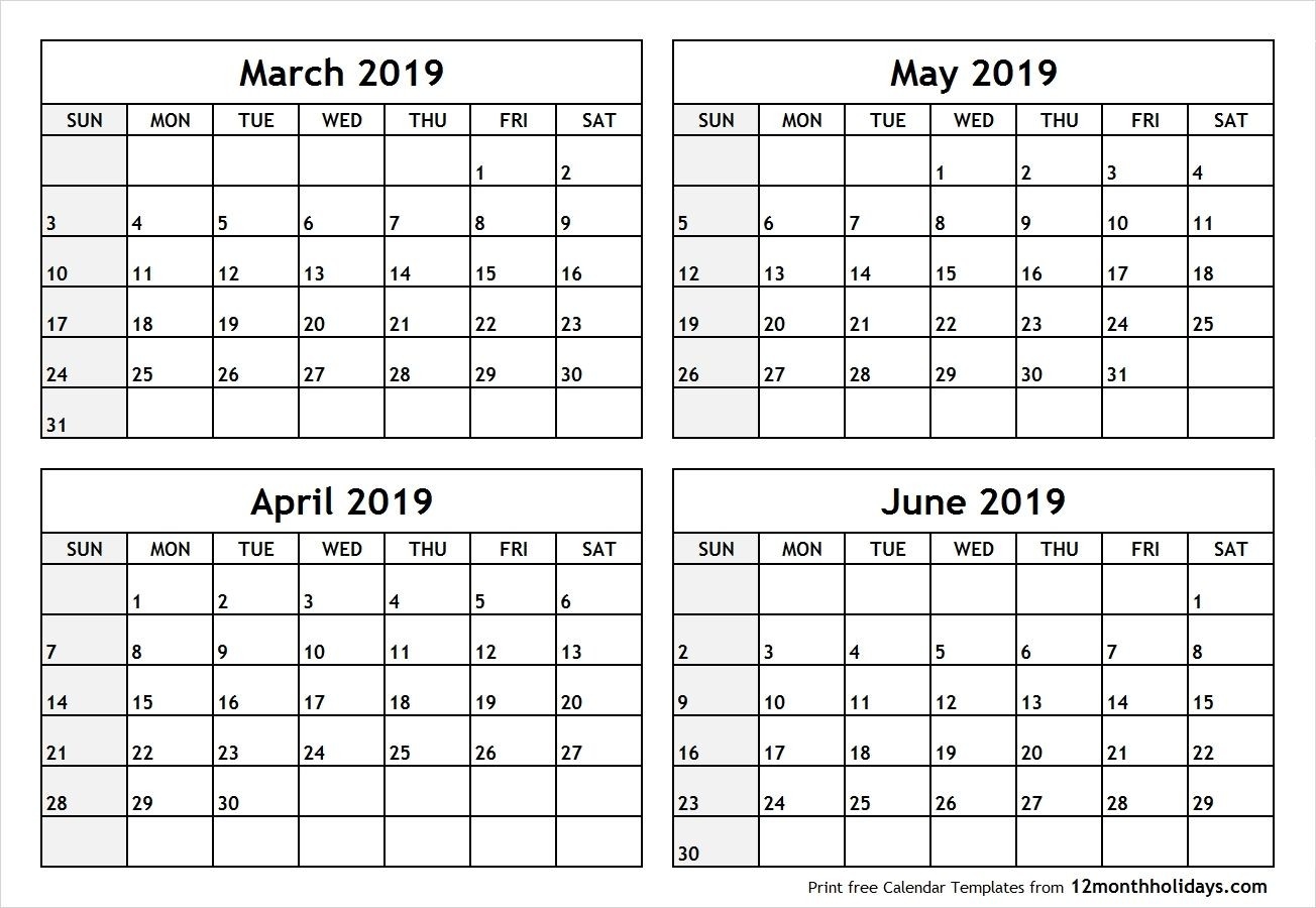 Printable Blank Four Month March April May June 2019-2020 Four Month Calendar Template Customize