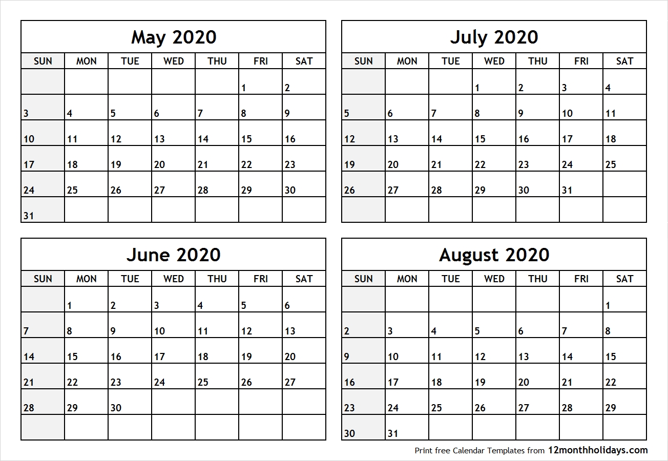 Printable Blank Four Month May June July August 2020-Blank Calendar For June July And August 2020