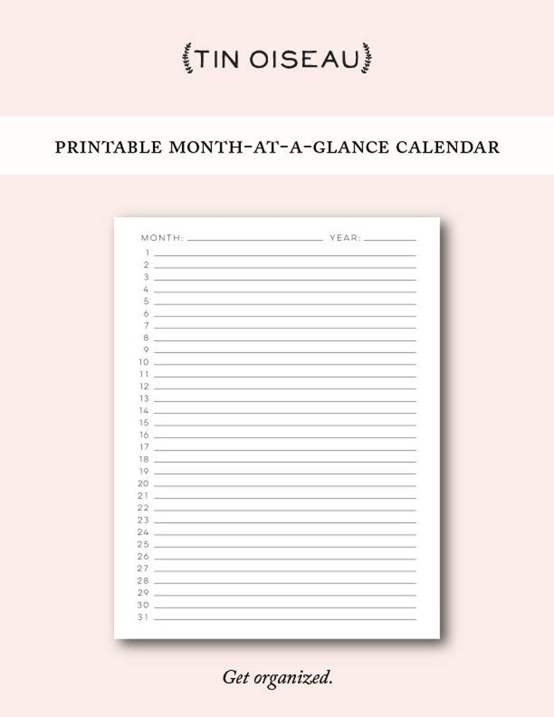 Printable Blank Month At A Glance Monthly Calendar Template, Digital  Download Portrait Schedule Planner Agenda Birthday Calendar-Blank Month At A Glance Printable Calendar