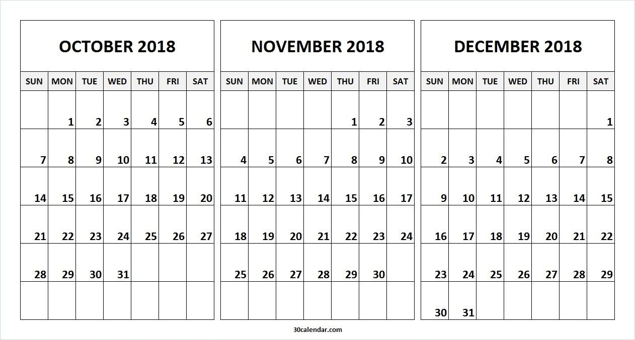 Printable Blank October November December 2018 Calendar-3 Month Blank Calendar Template