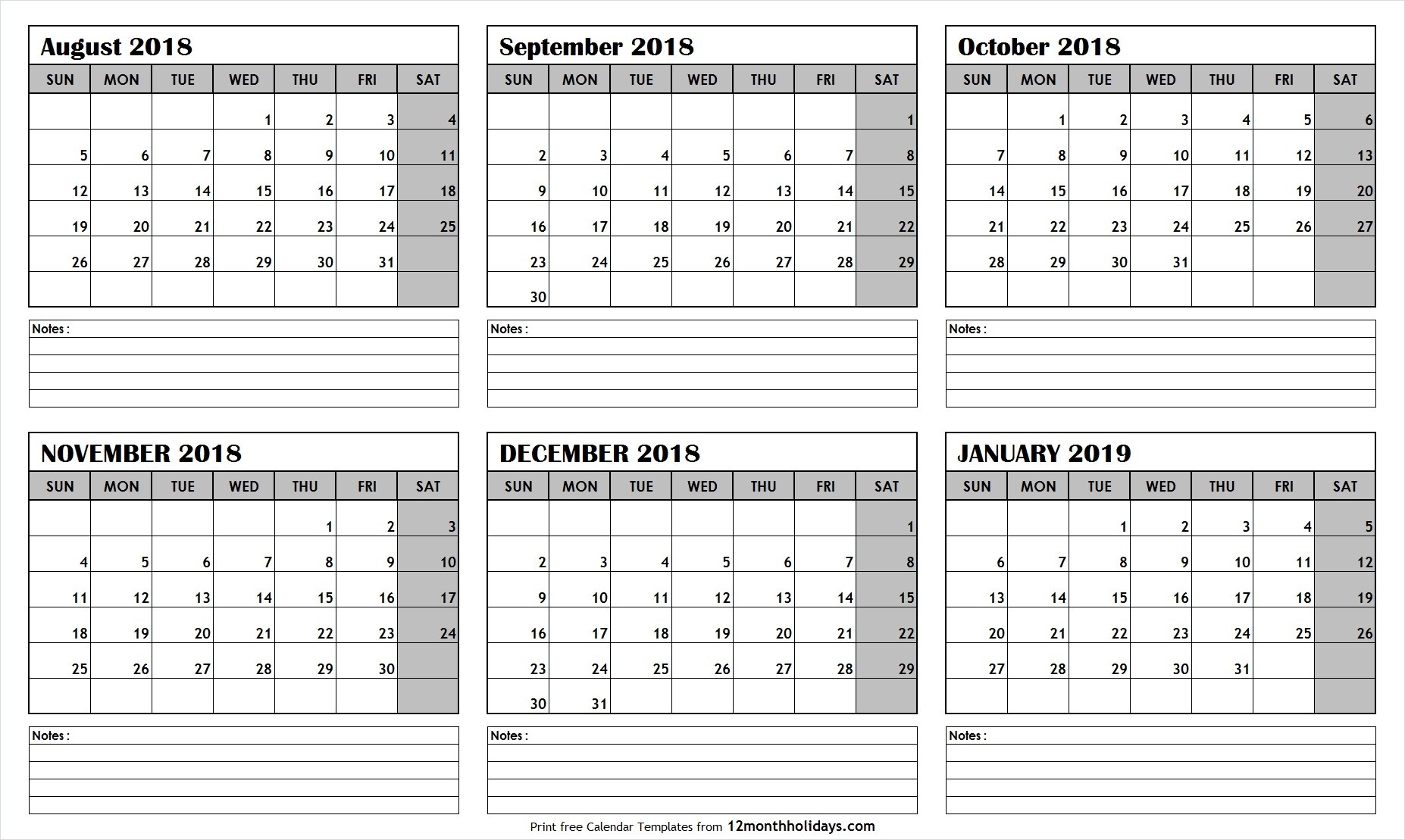 Printable Blank Six Month 6 Month Calendar August January-Six Month Calendar Template