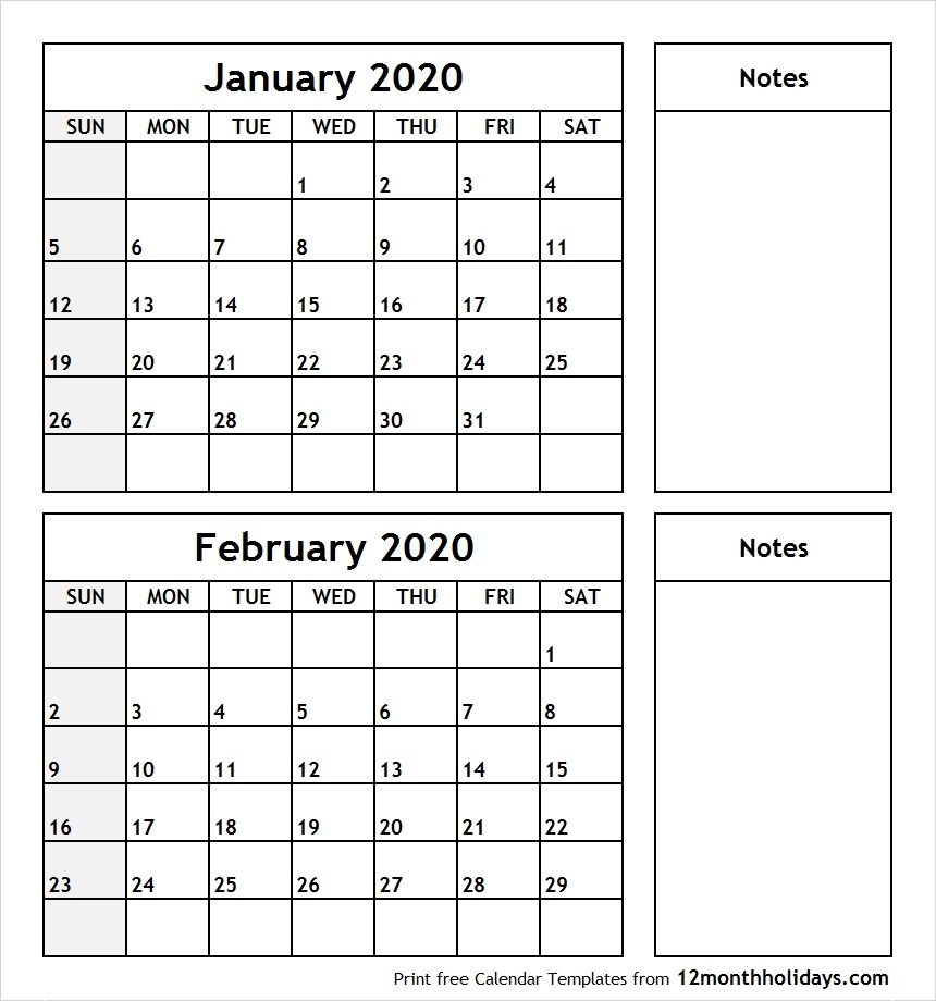 Printable Blank Two Month Calendar January February 2020-2020 Calendar January And February