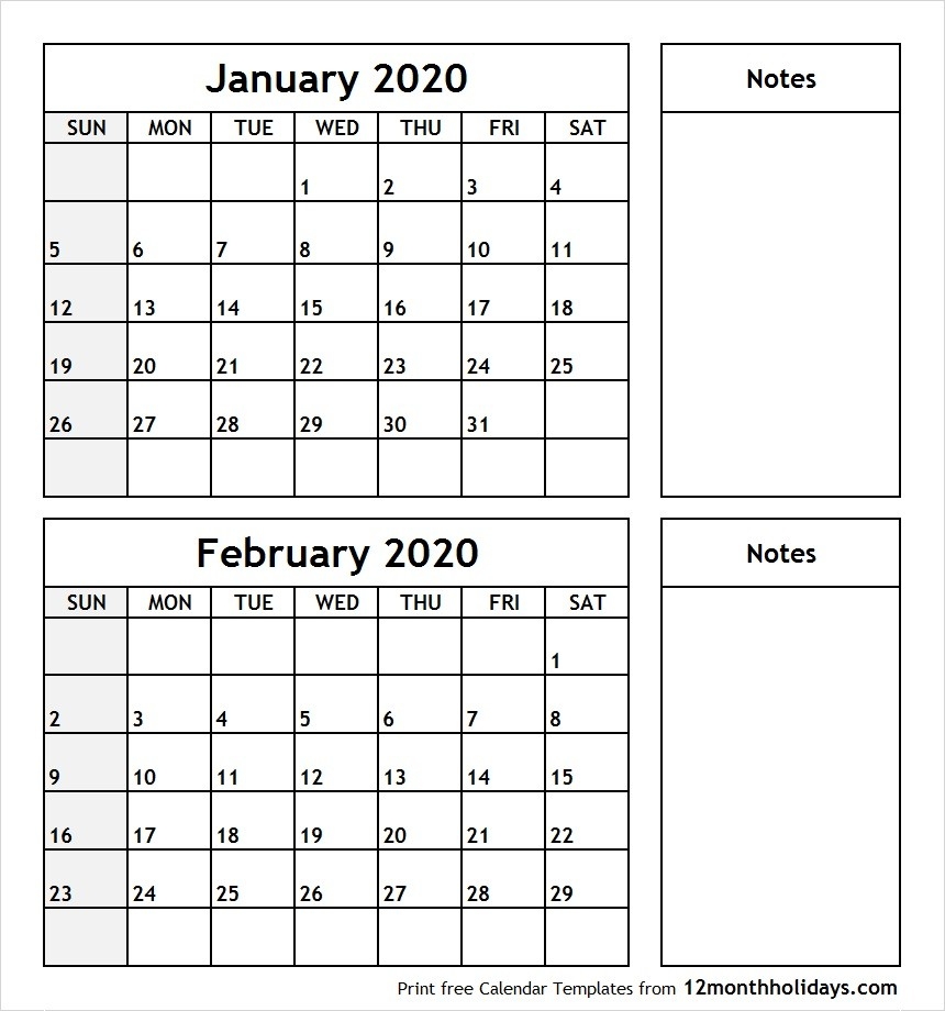 Printable Blank Two Month Calendar January February 2020-January And Feb 2020 Calendar