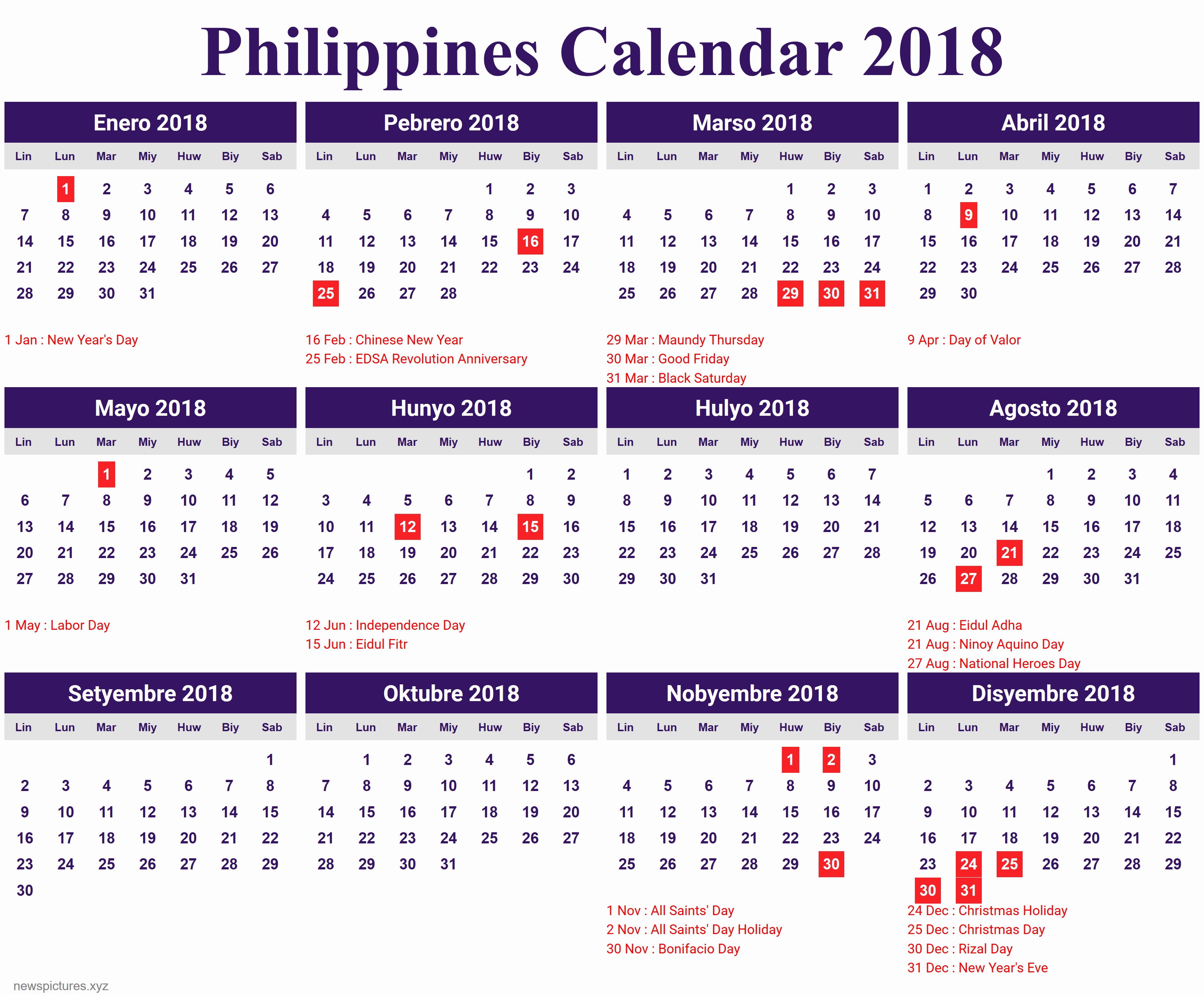 Printable Calendar 2018 Philippines | Printable Calendar 2019-Calendar Template With Philippine Holidays