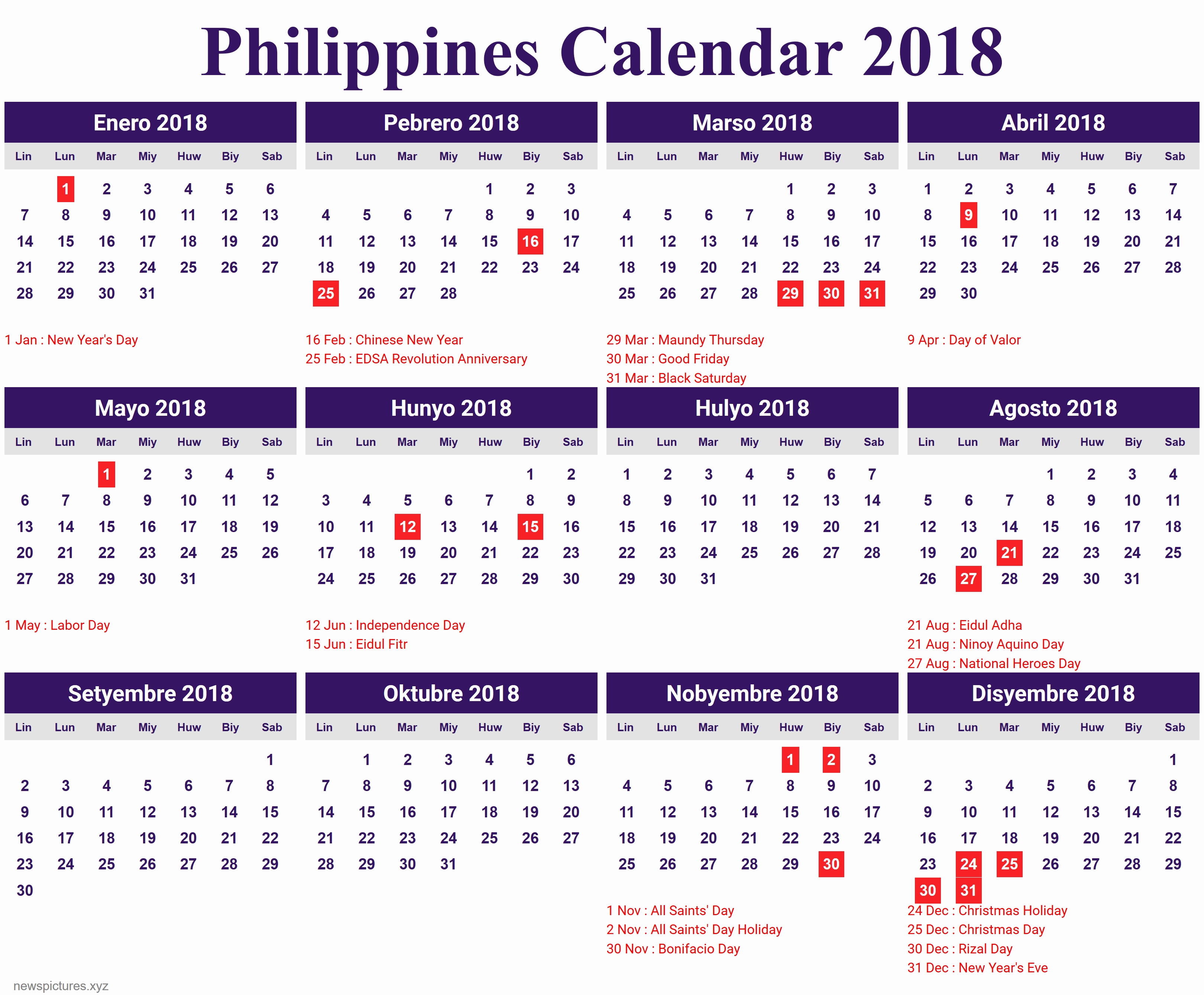 Printable Calendar 2018 Philippines | Printable Calendar 2019-Holidays In Philippines Printable