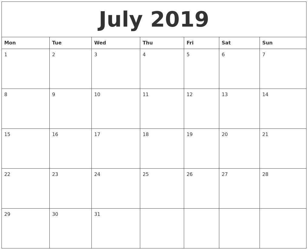 Printable Calendar 2019 Monday Start | Printable Calendar 2019-Monthly Calendars Start Monday