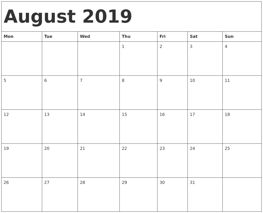 Printable Calendar 2019 Starting Monday | Printable Calendar-Blank Calendar Starting With Monday