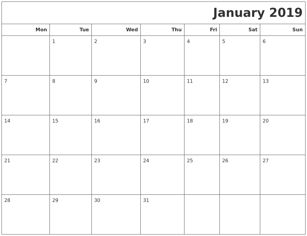 Printable Calendar 2019 Starting Monday | Printable Calendar-Calendar Template Monday Start