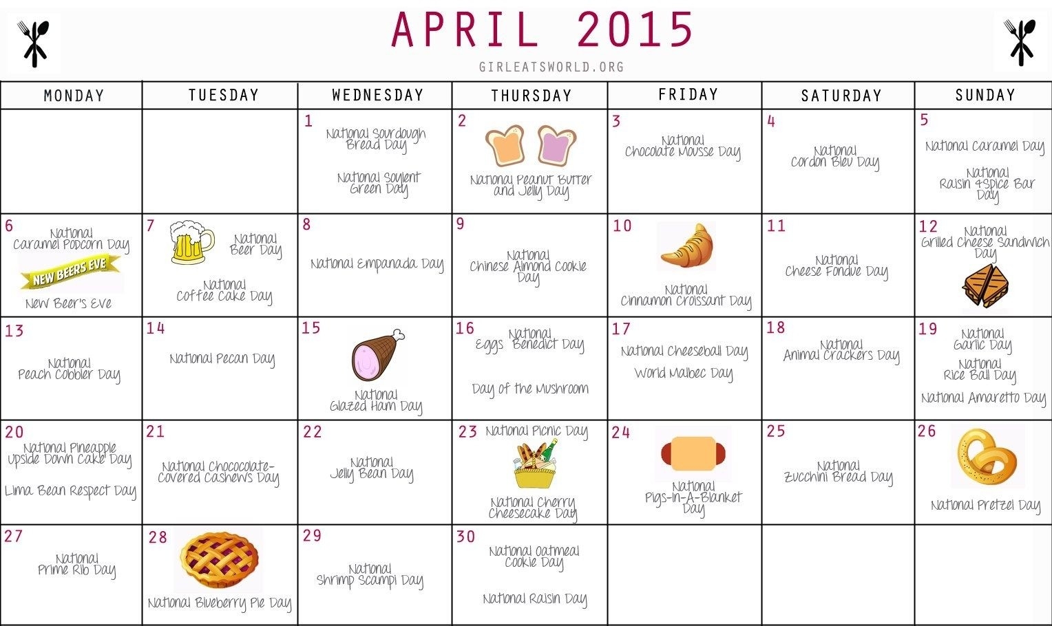 Printable Calendar April 2018 National Food Day | Calendar-Printable Calendar Of Food Holidays