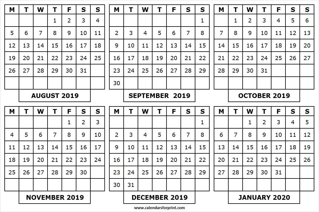 Printable Calendar August 2019 January 2020 | Pinterst-January 2020 Yearly Calendar